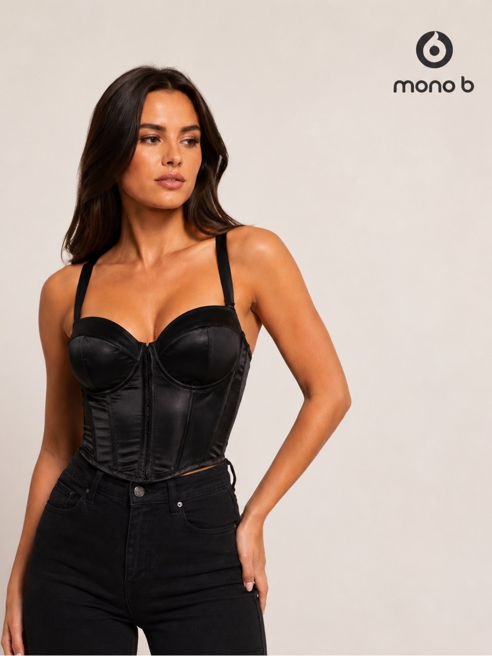 Mono B Black Satin Corset Bustier Crop Top NWT Size Large Structured Boning